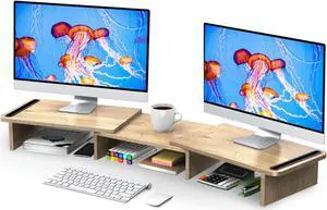 Zimilar Dual Monitor Stand Riser, Monitor Stand with Adjustable Length and Angle, Wood Monitor stand for desk, Monitor Riser for 2 monitors with Storage Space (Oak Large)