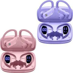 bmani 2 Sets Wireless Earbuds Bluetooth Headphones 48hrs Play Back Sport Earphones with LED Display Over-Ear Buds with Earhooks Built-in Mic Headset for Workout Pink+Purple