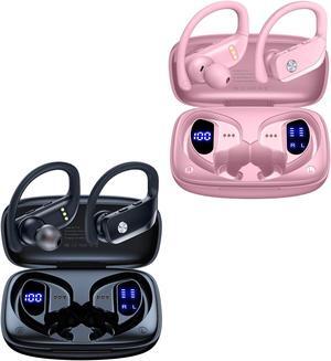 bmani 2 Sets Wireless Earbuds Bluetooth Headphones 48hrs Play Back Sport Earphones with LED Display Over-Ear Buds with Earhooks Built-in Mic Headset for Workout Black + Pink