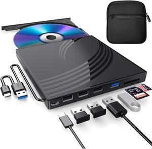 External CD/DVD Drive for Laptop with Carrying Case,DVD Player for Laptop,Portable CD Burner with 4 USB Ports, 2 TF/SD Card Slots,CD Disk Drive Player Reader Write