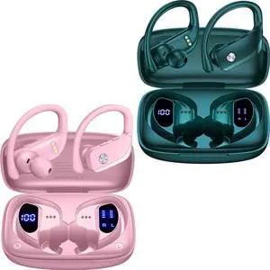 bmani 2 Sets Wireless Earbuds Bluetooth Headphones 48hrs Play Back Sport Earphones with LED Display Over-Ear Buds with Earhooks Built-in Mic Headset for Workout Pink+Green