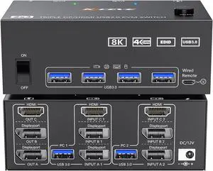 KVM Switch 3 Monitors 2 Computers 8K@60Hz 4K@144Hz, 2 Displayport + HDMI USB3.0 KVM Switch Triple Monitor with 4 USB 3.0 Port for Keyboard Mouse, Wired Remote,Power Adapter and 5 Cables Included