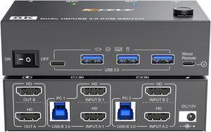 8K HDMI KVM Switch 2 Monitors 2 Computers 8K@60Hz 4K@144Hz, Camgeet Dual Monitor KVM Switch with 4 USB 3.0 Hub for Keyboard Mouse Printer,Wired Remote,12V Power Adapter and USB Cables Included