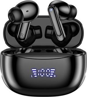 Wireless Earbuds, Bluetooth Headphones, 42H Playtime Bluetooth 5.3 HiFi Stereo Wireless Headphones with HD Mic Deep Bass Earbuds, IPX7 Waterproof, LED Power Display for iOS Android Phone Black