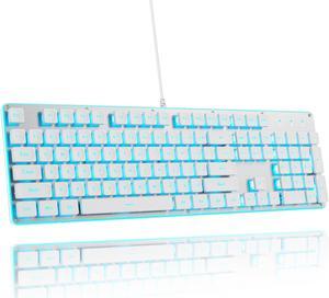 surmen G1000 Backlit White Quiet Office Keyboard Full Size 104 Keys with Metal Panel, Silent Membrane USB Wired Gaming Keyboard for PC, Desktop, Computer(White)