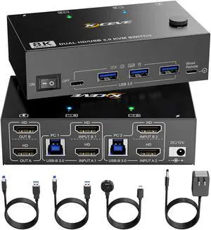 8K KVM Switch 2 Computers 2 Monitors, KCEVE Dual Monitor USB 3.0 HDMI KVM Switcher Box, Support 7680x4320@60Hz, 3840x2160@120Hz Resolution for 2 Computers Share Mouse Keyboard and Monitor