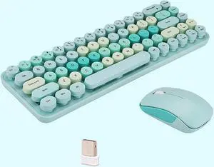 Compact Wireless Keyboard and Mouse Combo, Colorful Round Keycap, Soundless 68 Keys, Suitable for Girls and Kids, Compatible with Notebook, PC (Green)