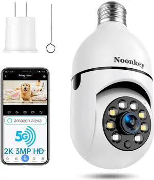 Noonkey 2K/3MP Light Bulb Security Camera, 5G& 2.4GHz WiFi Alexa E27 360° Light Socket Camera for Outdoor, Wireless WiFi Home IP Camera with Motion Tracking Alarm, Color Night Vision,Two-Way Talk