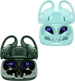 2 Sets Bluetooth Headphones Wireless Earbuds 80hrs Playtime Wireless Charging Case Sports Ear buds with Earhook Premium Deep Bass IPX7 Waterproof Over-Ear Earphones for Phone Laptop Olive + Mint Green