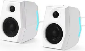 SW209 36W Computer Gaming PC Speakers - Built-in 24bit DAC Dynamic 3D Surround Sound - Bluetooth 5.0 USB 3.5mm Aux Inputs - Three EQ Sound Mode - RGB Backlit Multimedia Speakers (Pair, White)