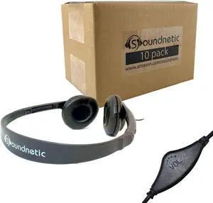 Soundnetic SNCCV Bulk Classroom Headphones 10 Pack  Stereo Headphones with Leatherette Earpads & Volume Control, Black  Ideal for Schools