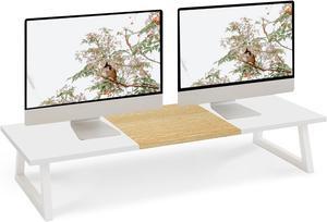 TEAMIX Dual Monitor Riser with Metal Leg, 31.5 inch Long Monitor Stand Riser Wide TV Stand Riser White Monitor Stand for 2 Monitors Wood & Steel Desktop Riser for Home Office Desk Organization