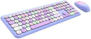 Wireless Keyboard and Mouse Combo, 2.4GHz Full-Sized Colorful Cute Keyboard Mouse Set with Retro Typewriter Flexible Round Keys for Windows, Computer, Laptops, PC Purple Colorful