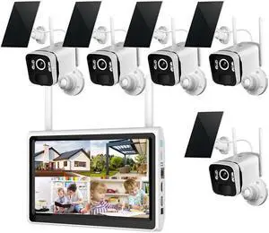 ZHXINSD 2K Solar Security Cameras Wireless Outdoor WiFi with 10" Monitor, 10CH 4MP Wire-Free Camera System, 5PC Battery Powered Security Cameras for Home Security, Waterproof, Floodlight, 64G Storage
