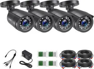 ZOSI 4 Pack 2MP 1080p HD-TVI Home Security Camera Outdoor Indoor 1920TVL,24PCS LEDs,80ft Night Vision, 90degView Angle, Weatherproof Outside Surveillance CCTV Bullet Camera(Black)