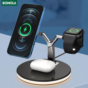 BONOLA 3 in 1 Wireless Charging Station for AppleAndroid phone Apple Watch Apple headset AirPods12Pro Intelligent 3 Chip15W Fast Charger with LED Intelligent Lamp Ring