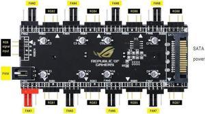 2-in-1 PWM & ARGB 5V Addressable RGB Controller Hub 8 Ports 12V 4Pin Fan & 5V 3Pin AURA Adapter with PMMA Case and Magnetic Standoff for Cooling Radiator & ASUS/MSI LED Strip - SATA Powered
