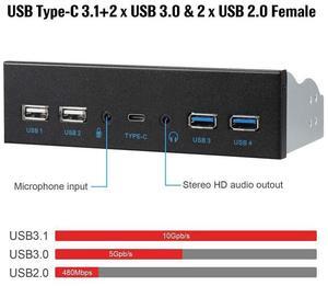 5.25 Inch Front Panel 7 Ports USB Hub w/ HD Audio & Microphone, USB 3.2 Gen 2(10Gbps) Type-C,2 x USB 3.0 & 2 x USB 2.0 ,3.5mm Audio & Mic ,USB Motherboard Header to PC Case Expansion Adapter