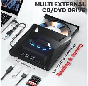 5-in-1 External CD DVD Drive, USB C USB 3.0 Portable CD/DVD +/-RW Drive/DVD Player with SD Card Reader USB 3.0 USB C Hub CD ROM Burner Compatible with Laptop Desktop PC Windows Linux MacOS