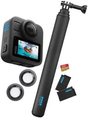 GoPro MAX2 8K 360 Action Camera Bundle. 2 Batteries, 4' Pole, Lens Replacement and 64GB MicroSD Card GoPro MAX2 8K 360 Action Camera Bundle. 2 Batteries, 4' Pole, Lens Replacement and 64GB MicroSD Card