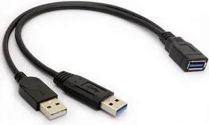 Black USB 3.0 Female to Dual USB Male Extra Power Data Y Extension Cable for 2.5" Mobile Hard Disk CableCC
