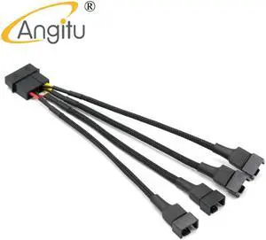Angitu D Type Molex to 4Pin PWM Fan Splitter Cable 15cm Sleeved 4Ports Cooling CPU Fan Adapter 5V, 7V, 2x 12V