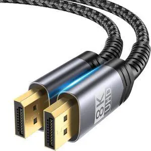 JSAUX 8K DisplayPort Cable 1.4, DP Cable 6.6ft8K@60Hz, 2K@240Hz, 4K@144Hz, 32.4Gbps, Display Port to Display Port Cable 1.4 (DP to DP Cable) Compatible for Gaming Laptop TV PC Computer Monitor-Grey