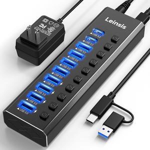 Powered USB Hub 3.2, LEINSIS 10-Port USB 3.2/USB C Hub (10Gbps USB-A 3.2 +2 USB-C 3.2 +7 USB 3.0 Ports) with Individual On/Off Switches and 12V Power Adapter, Aluminum USB Hub Powered for Laptop PC