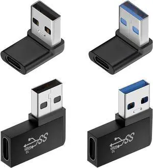 90 Degree USB to USB C Adapter (4 Pack) Vertical Up and Down Angle Horizontal Left and Right Angle USB A Male to Type C Female Extender Connector
