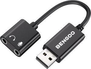 USB Sound Card Adapter USB Audio Adapter 3.5mm Jack External Sound Card with Dual TRS Headphone and Microphone Jack for Windows Mac Linux PC Laptops Desktops PS4 Headsets Black