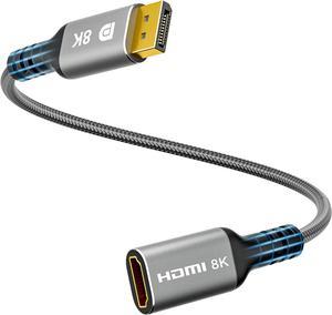 DisplayPort to HDMI Adapter Cable 8K Unidirectional DisplayPort 1.4 (Male) to HDMI 2.1 (Female) Extension Cable Converter Support 8K@60Hz 4K@120Hz for DP PC and HDMI Displays-0.6 Feet