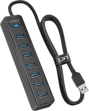 iDsonix 7 Prots USB Hub 3.0 [3.3Ft] USB Expander Hub 5Gbps USB Splitter Multiport Adapter, USB Hub Long Cable for PC, Laptop, Flash Drive, Mobile HDD, Windows/XPS, 1m
