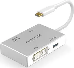 USB C to HDMI DVI VGA USB3.0 Adapter USB 3.1 Type-C 4in1 Hub to HDMI DVI 4K VGA USB Adaptor Converter (Thunderbolt 3 Compatible) USB-C Adapter for MacBook/MacBook Pro air/Surface pro