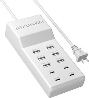 USB Charger 100W 10 Port USB Charger Station for Multiple Devices Fast USB Power Strip USB C Charger Block Charging Hub for iPhone 14/13 Pro Max iPad Pro Switch Galaxy S21(White)