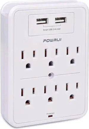 Surge Protector USB Wall Charger with 2 USB Charging Ports(Smart 2.4A Total) 6-Outlet Extender and Top Phone Holder for Your Cell Phone White ETL Listed