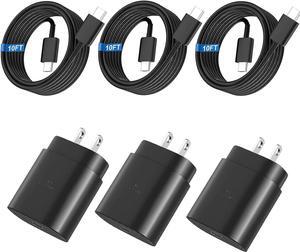 Super Fast Charger Type C 3 Pack 25W Samsung Charger Super Fast Charging Block with 10FT Long Type C Charger Cable for Samsung Galaxy S23 Ultra/S23+/S23/S22 Ultra/S22+/S22/S21/S20/Note 20/10/Z Fold 3
