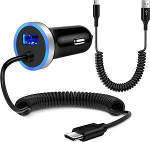 Android Car Charger Type C Cigarette Lighter Adapter with USB C Coiled Fast Charging Cable for Samsung Galaxy S25/A16/A25/A35/A15/A14 5G/A54/A53 5G/A23/A13/A03S/Z Flip 6 5 4/Z Fold 6 5 4/S24/S23/S22