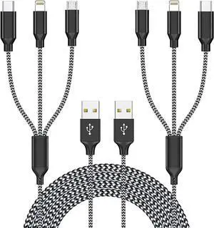 Multi Charging Cable(2Pack 4FT) iPhone Lightning Charger Cable Nylon Braided Multiple USB Cable Universal 3 in 1 Charging Cord with Type-C Micro USB Port Connectors for Cell Phones and More