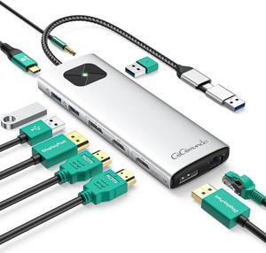 LK10 USB3.0 Displaylink Docking Station Dual 4K 60Hz for M1 M2 M3 MacBook/PC/Laptop, Portable DisplayLink Adapter with 3xUSB3.2 Ports, 2xHDMI, 2xDP, USB-C PD100W, Ethernet, Audio, Silver