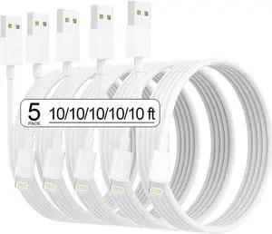 iPhone Charger [Apple MFi Certified] 5pack 10FT Long Lightning Cable Fast Charging High Speed Data Sync iPhone Charger Cord Compatible iPhone 14/13/12/11 Pro Max/XS MAX/XR/XS/X/8/7/Plus iPad (White)