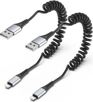 Coiled Lightning Cable 2 Pack Retractable iPhone Charger Cord for Car USB to Lightning Cable Fast Charging Compatible with  CarPlay iPhone 14 13 12 11 Pro Max Mini 10 8 Plus XR SE AirPods