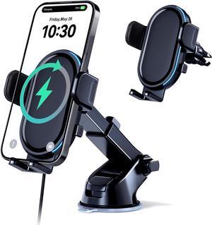 Wireless Car Charger 15W Fast Charging Car Charger Mount with Colored Lights Dashboard Windshield Air Vent Car Phone Holder fit for iPhone 14 13 12 11 Pro Max Samsung Galaxy S23 S22 S21 etc