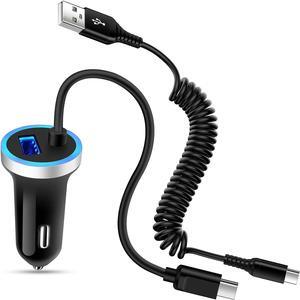 Android Car Charger Fast Charging Cord Type C Cigarette Lighter Adapter with Android USB C Coiled Cable for Samsung Galaxy S25 A16 A25 A35 A14 5G A54 A53 A23 A13 Z Flip 6/5/4/3 Z Fold 6/5/4/3 S24 S23