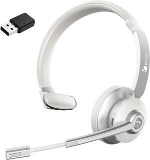 Bluetooth Headset Wireless Headset with Microphone Noise Cancelling & USB Dongle Hands Free Office Headset with Mic Mute Single Ear Bluetooth Headsets for Work/PC/Truck Drivers-White Silver
