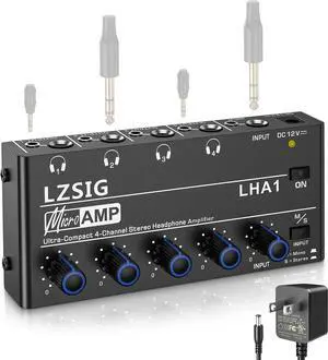 Headphone Amplifier 4 Channel Metal Stereo Audio Amplifier Mini Earphone Splitter with Power Adapter 1/4 & 1/8 TRS Headphones Output and TRS Audio Input for Sound Mixer DC 12V-LHA1