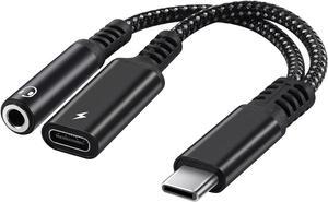 USB C to 3.5mm Audio Adapter 2-in-1 Splitter with PD Charger Cable Type C to 3.5 mm Aux Jack Headphones Cord and 60W Fast Charging Port Wire (Black)