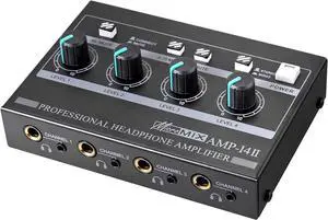 Headphone Amplifier 4 Channels Mono/Stereo Metal Stereo Headphone Amps-4x Quarter Inch and 8X Quarter Inch TRS Headphones Output and 1/4 & 1/8& AV Audio Input(Including Audio Cable)
