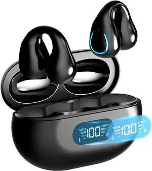EUQQ Open Ear Clip Headphones, Wireless Earbuds Bluetooth 5.3, Sports Earbuds Built-in Microphone with Earhooks & Ear Hook, Wireless Charging Case & Display, Waterproof Fitness Earbuds for Running