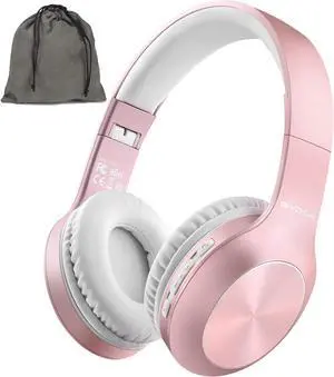 Bluetooth Headphones Over Ear, 68H Playtime and 3 EQ Music Modes Wireless Headphones with Microphone/Deep Bass, HiFi Stereo Foldable Lightweight Headset for PC Home Travel Office (Rose Gold)