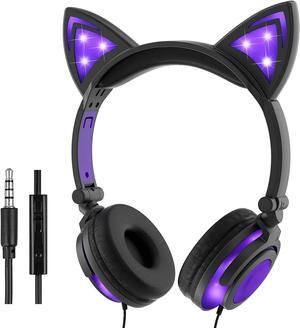 Kids Headphones with Light up cat Ears On Ear LED Kitty Headphones with Mic for Kids Boys Girls Children Wired Headset for School Learning Tablet (Purple)